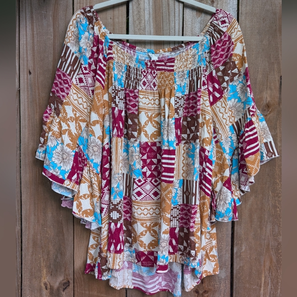 Cato Plus Size Patchwork Patterned Multicolor Bell Sleeve Blouse - Picture 3 of 12